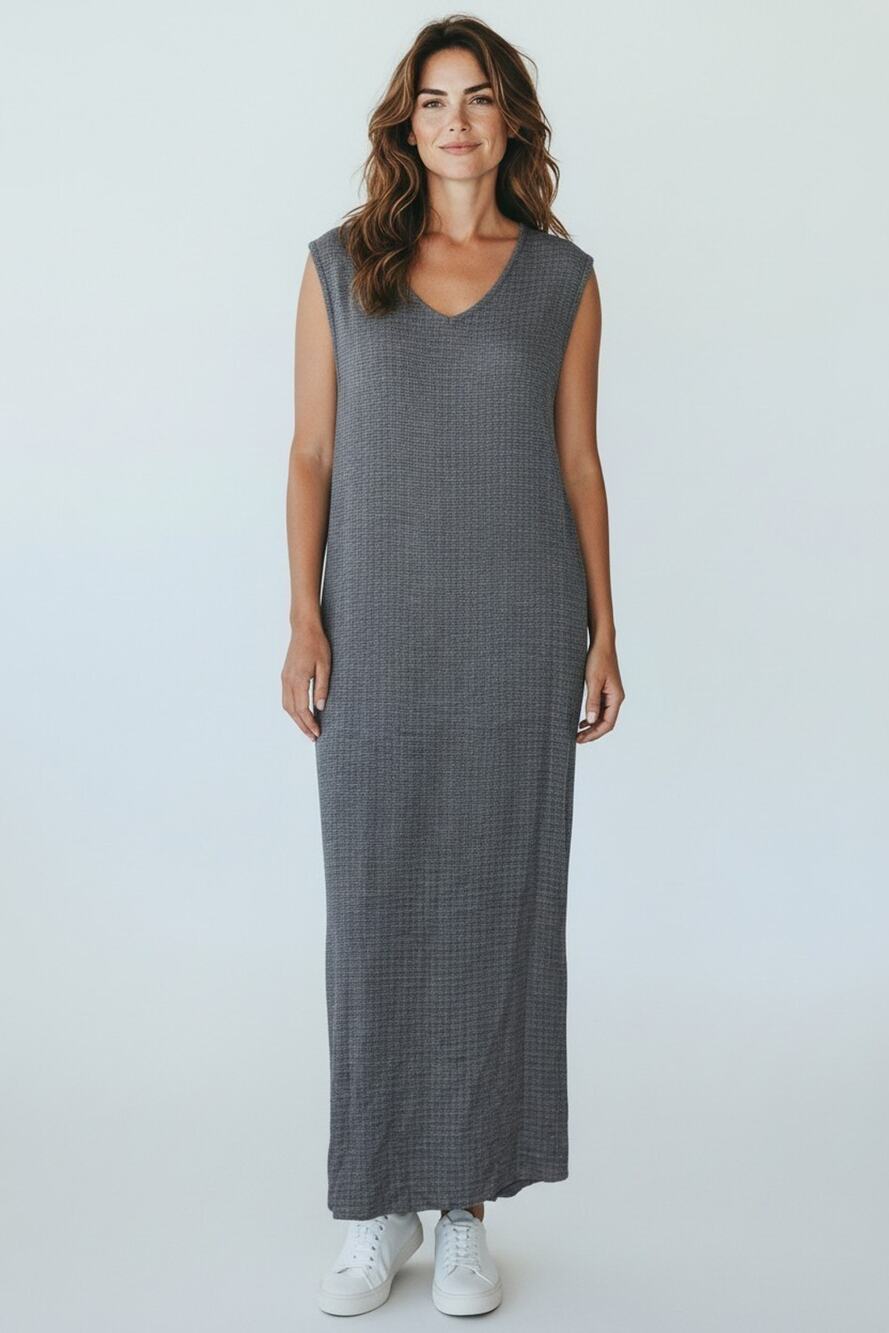 A6 Auth EILEEN FISHER Rayon Micro Check Pattern V Neck Relaxed Maxi Dress Size L